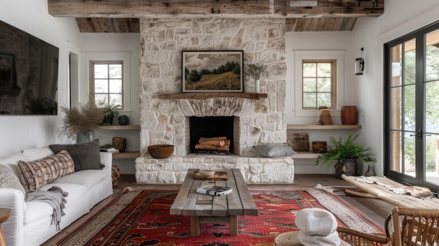 Photo farmhouse country boho interior design of modern living room