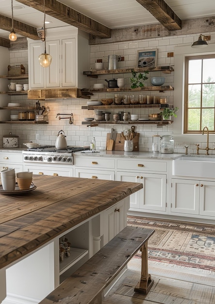 Farmhouse Kitchen A farmhousestyle kitchen with white shaker cabinets a farmhouse sink and open s