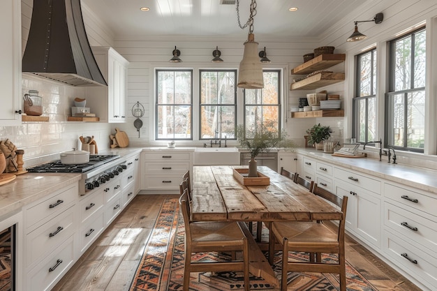 Farmhouse Kitchen A farmhousestyle kitchen with white shaker cabinets a farmhouse sink and open s