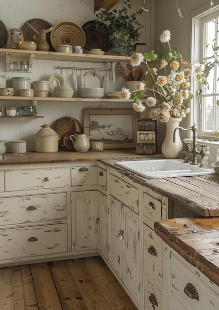 Farmhouse Kitchen A farmhousestyle kitchen with white shaker cabinets a farmhouse sink and open s