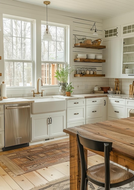 Farmhouse Kitchen A farmhousestyle kitchen with white shaker cabinets a farmhouse sink and open s