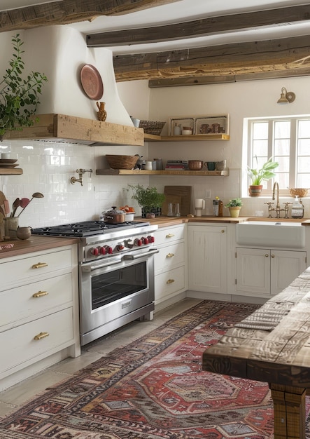 Farmhouse Kitchen A farmhousestyle kitchen with white shaker cabinets a farmhouse sink and open s