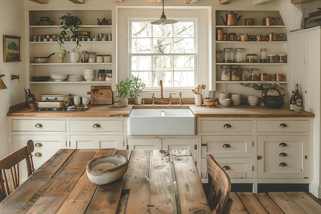 Farmhouse Kitchen A farmhousestyle kitchen with white shaker cabinets a farmhouse sink and open s