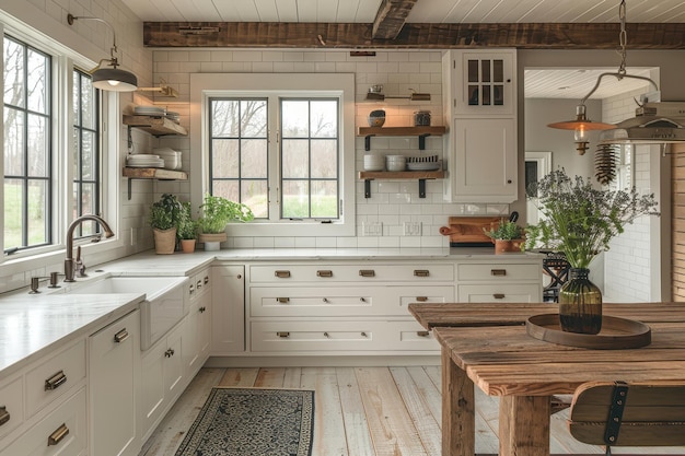 Farmhouse Kitchen A farmhousestyle kitchen with white shaker cabinets a farmhouse sink and open s