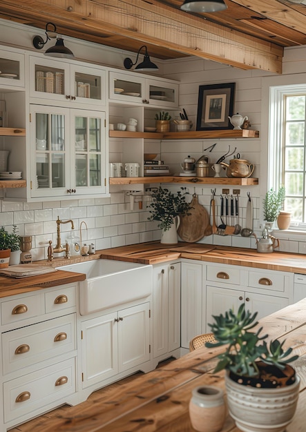 Farmhouse Kitchen A farmhousestyle kitchen with white shaker cabinets a farmhouse sink and open s