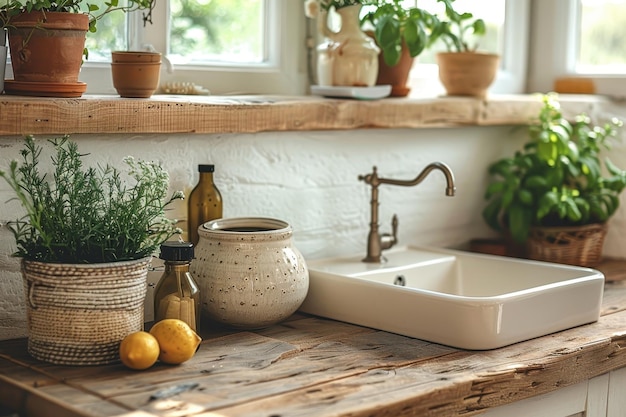 Farmhouse Kitchen A farmhousestyle kitchen with white shaker cabinets a farmhouse sink and open s