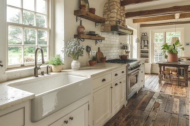 Farmhouse Kitchen A farmhousestyle kitchen with white shaker cabinets a farmhouse sink and open s