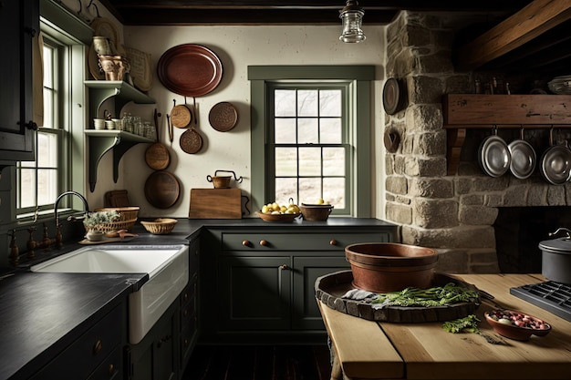 Farmhouse kitchen with rustic decor stone countertops and castiron cookware