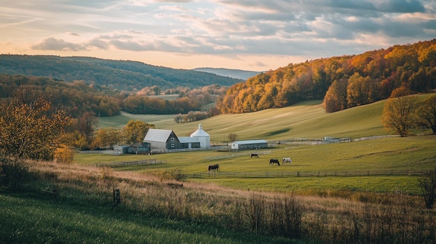 Photo farmhouse on a rolling hill with a view