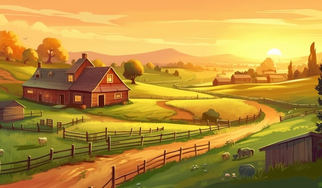 Farmhouse in sunlight farm landscape illustration