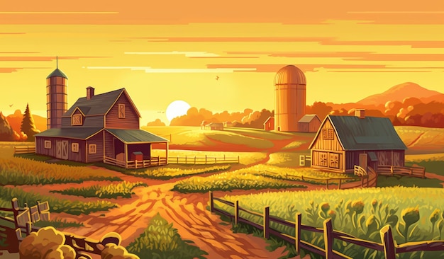 Farmhouse in sunlight farm landscape illustration