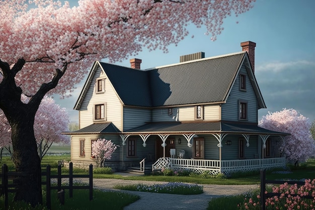 Farmhouse surrounded by blooming cherry trees in spring