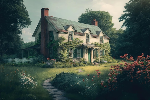 Farmhouse surrounded by lush greenery and blooming flowers