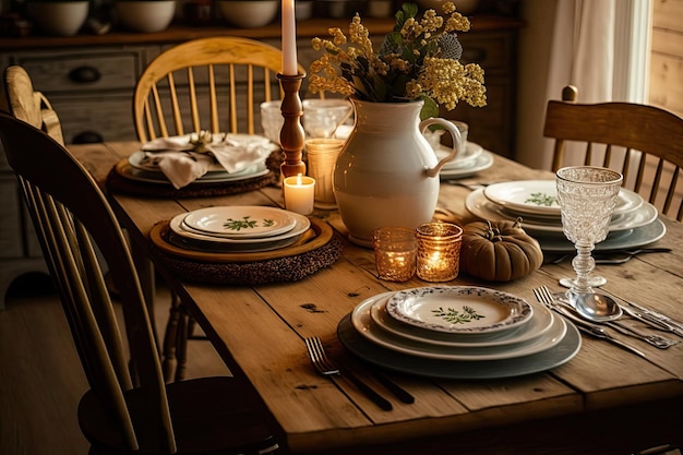 Farmhouse table set for a family dinner with dishes and glasses