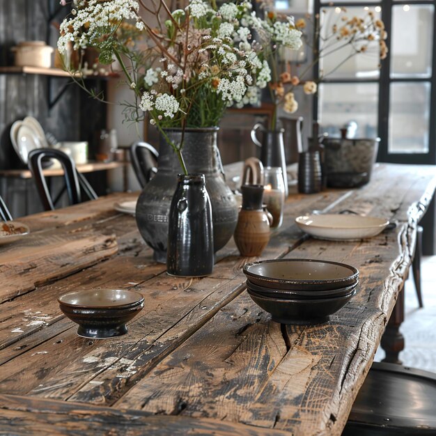 Photo farmhouse table top rustic wood and warm accents