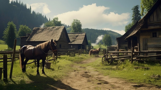 A farmhouse with a horse stable and grazing horses