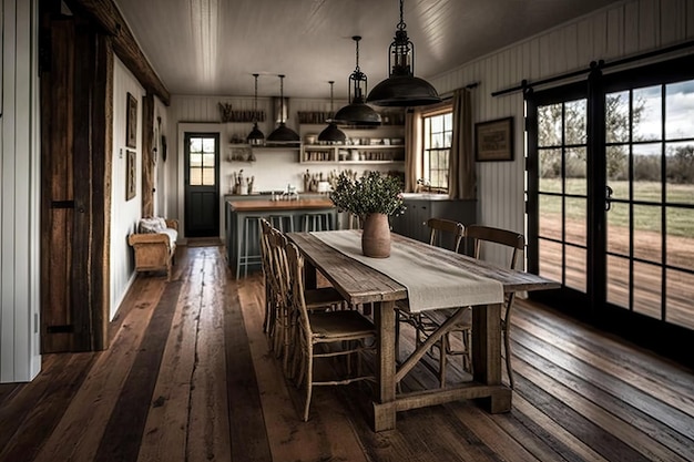 Farmhouse with rustic wooden floor and modern dining table