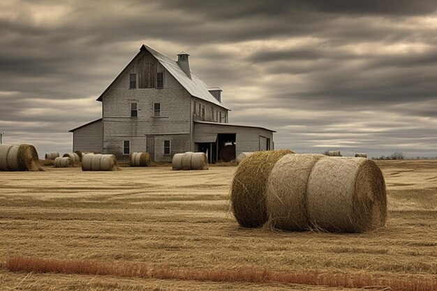 Photo a farmhouse with a stack of hay bales in the field