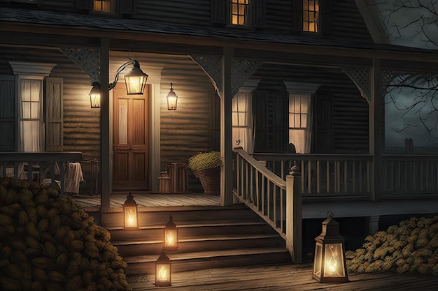 Farmhouse with wooden porch and lanterns