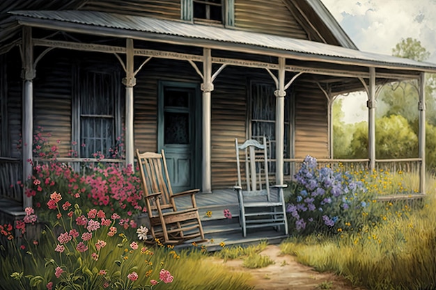 Farmhouse with wooden porch and rocking chairs surrounded by wildflowers