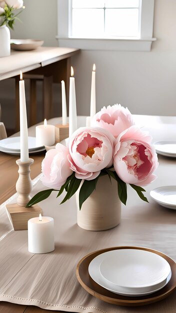 Farmhouse wooden table decor with plates peony and white candle