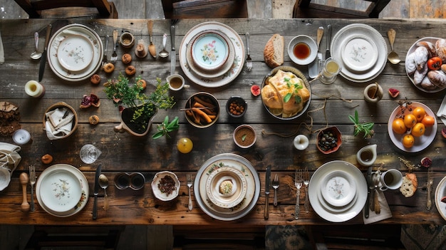 Farmhousestyle dining table with a rustic wooden finish vintage crockery and a spread of hearty homecooked dishes and baked goods