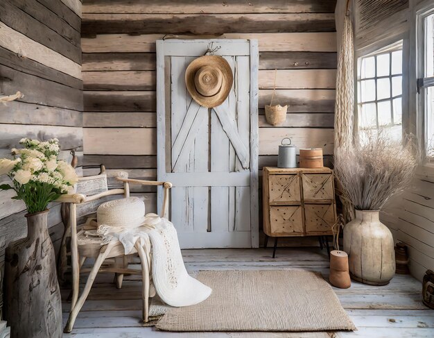 Photo farmhousestyle room rustic wood shiplap walls vintage furniture neutral palette cozy and welcoming w