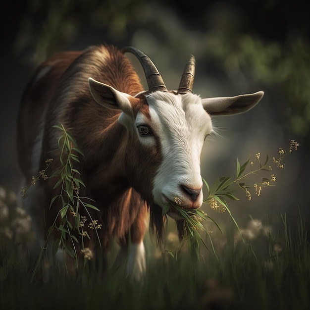 Farming domestic goat eating grass AI Generated