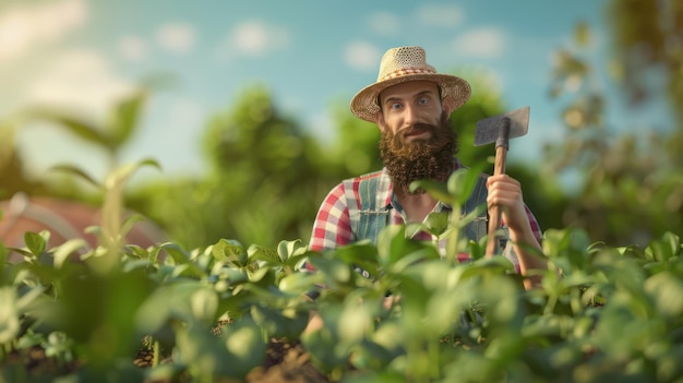 Farming spade and portrait of man or farmer in agriculture sustainable garden