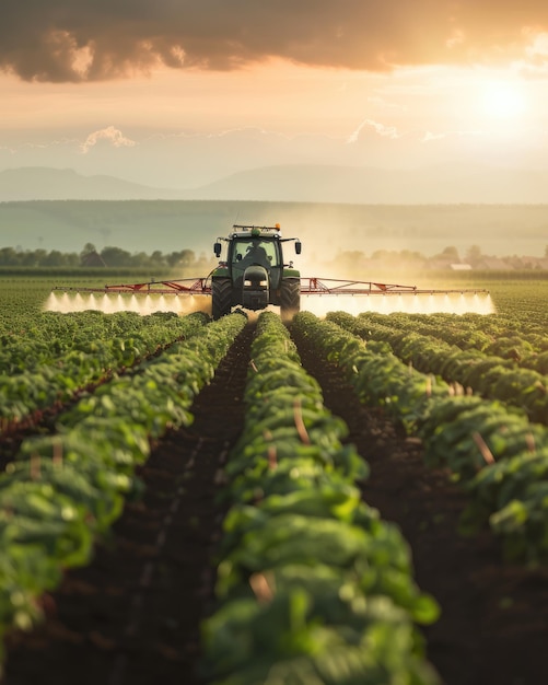 Farming tractor spraying plants in a field