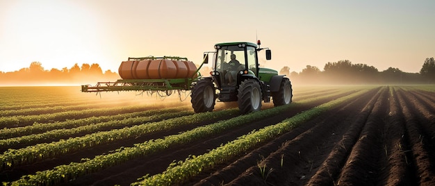 Farming tractor spraying plants in a field