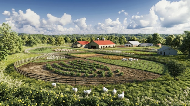 Photo farmlife with red roofed barns and green fields