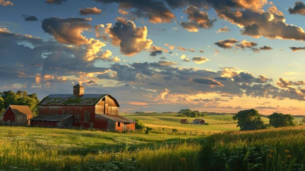 Farmstead in Minnesota Sunset Over an Old Barn in Rural Landscape