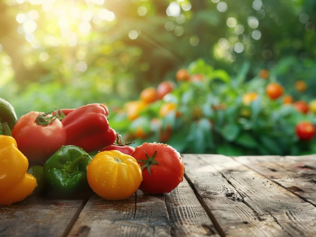 Farmtotable produce colorful vegetable spread wooden surface soft natural light blurred farmhouse background ar 43 Job ID ae6237dcdd3341e6b521a9337b804f31