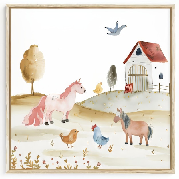 Farmyard scene with cute animals Charming scene on white background for nursery poster