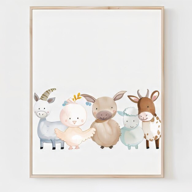 Farmyard scene with cute animals Charming scene on white background for nursery poster