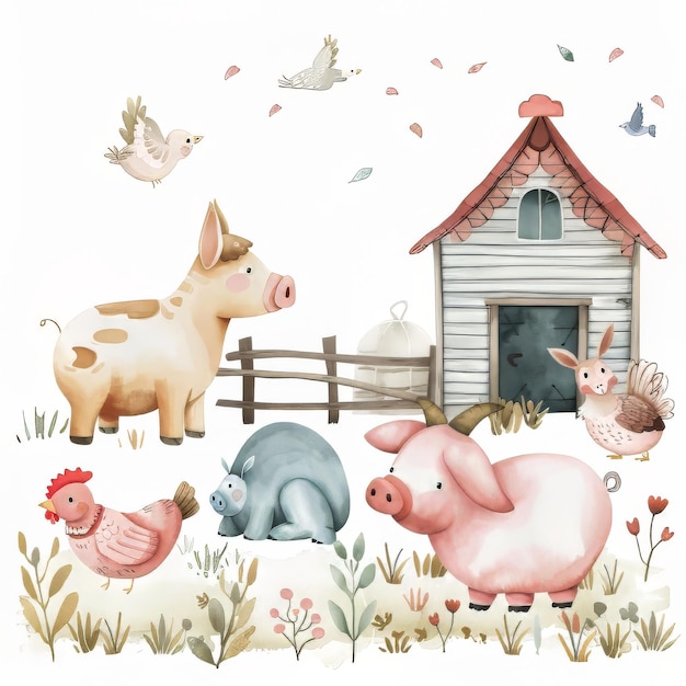 Farmyard scene with cute animals Charming scene on white background for nursery poster