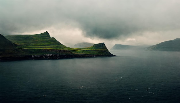 Faroe island ocean mountain cloudy sky painting