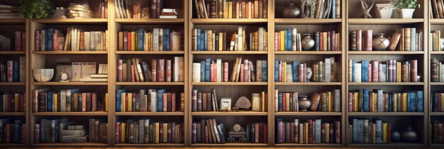 Fascinating background with books neatly arranged on wooden shelves Generative AI