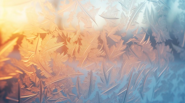 Fascinating frost patterns on a window with blurred background behind