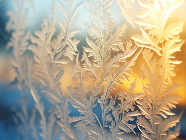 Fascinating frost patterns on a window with blurred background behind