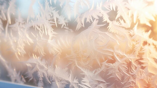 Fascinating frost patterns on a window with blurred background behind