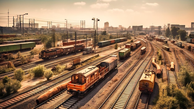 A fascinating image of a trainyard engaged in global cargo transportation highlighting the intermodal exchange of goods