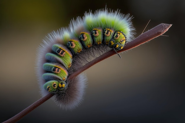 A fascinating macro photograph of a hairy caterpillar crawling on a twig Generated by AI