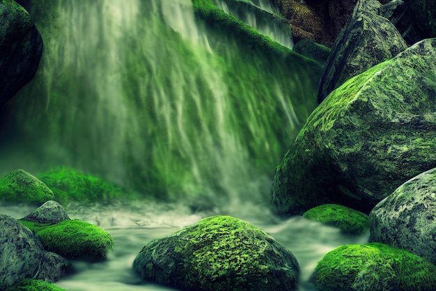 The fascinating waterfall in the forest 3d render 3D illustration