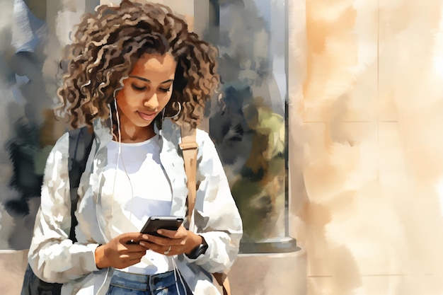 Fashion African american woman with curly hair chatting on a mobile smartphone illustration