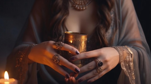 fashion arabic woman hands with diwali candles holiday