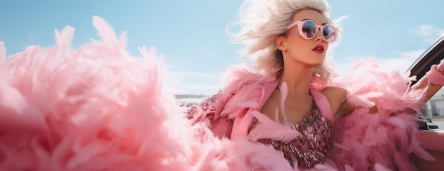 a fashion banner with a beautiful woman sitting in a pink car