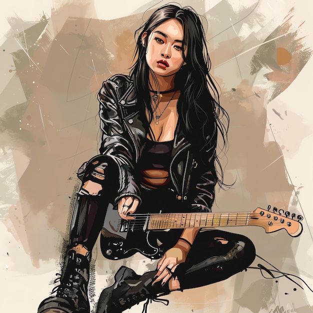 fashion beautiful black asian girl model with Rocker Style