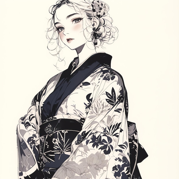 fashion beautiful black asian girl model with Yukata